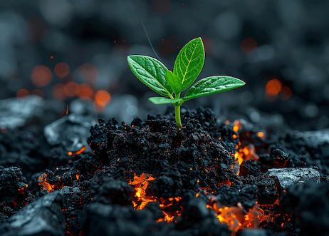Plant growing in burnt coals